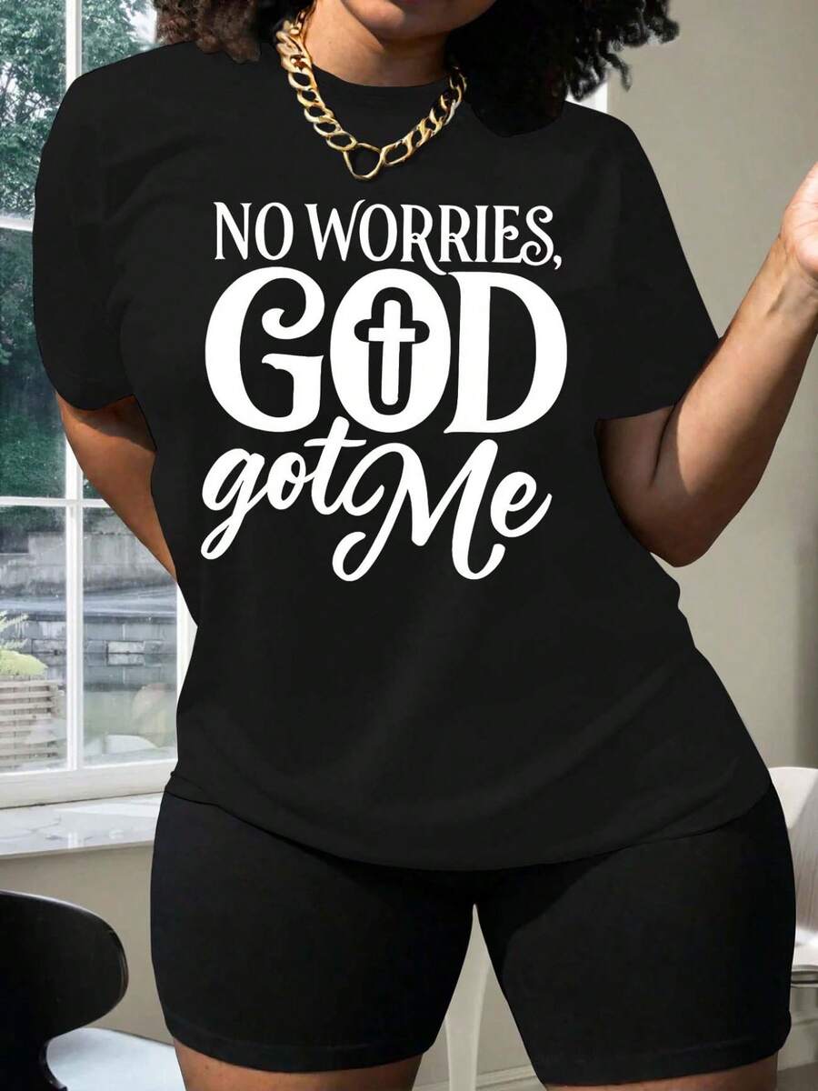 Plus Size Women's Winter Clothing, 1 Piece, For Leisure Time. Please Don't Worry, God Bless Me. T-Shirt, Short Sleeve, Round Neck, Fashionable Casual Top, Elegant Party Outfit, Valentine's Day Outfit, Valentine's Day Gift, Spring Clothing, Soft Material, Printed Shirt. Printed, Simple, Versatile, Loose Fit, Fitted Top With Round Neck. - 黑色 - 查看 1