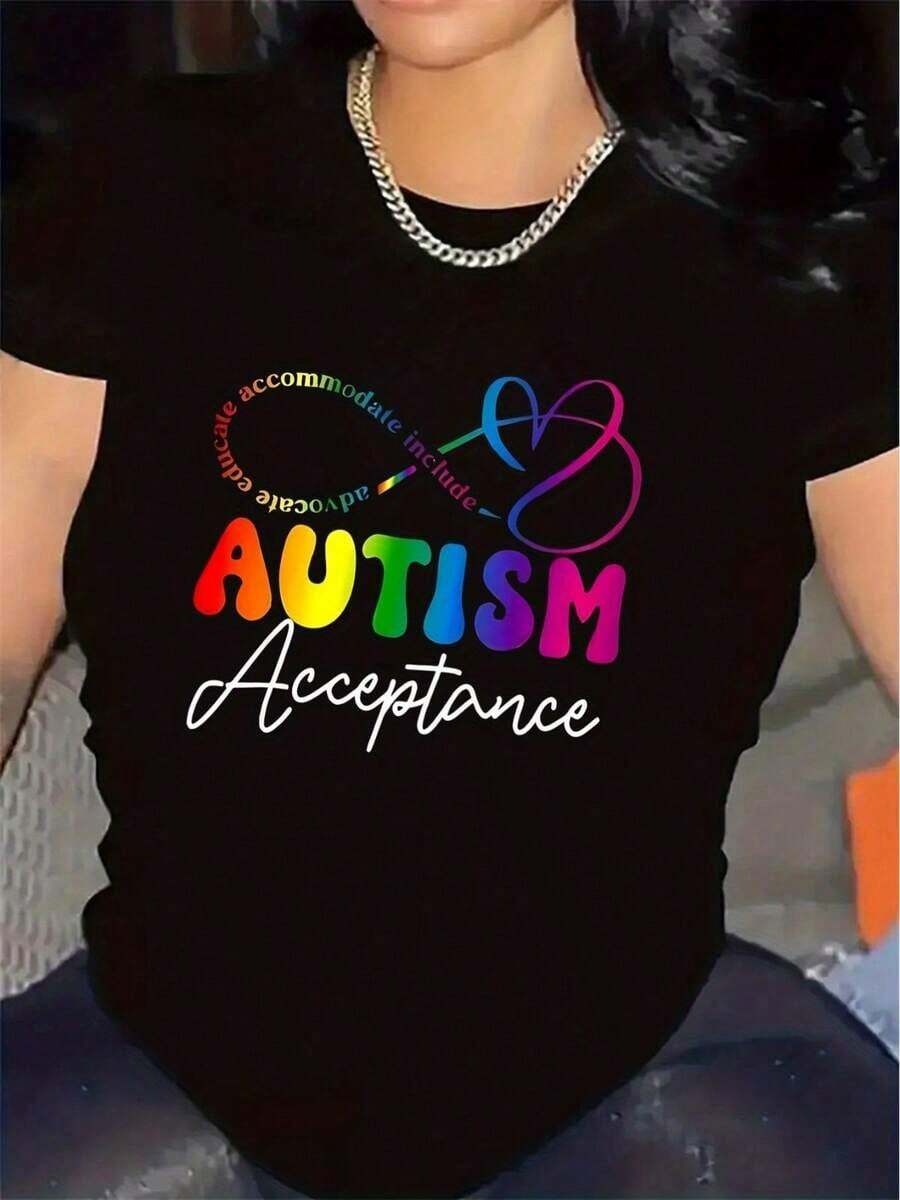 Camiseta Negra para Mujer - Camiseta Suave y Ligera para Uso Diario con Gráfico de Corazón Arcoíris de Aceptación del Autismo - Ropa de Apoyo para la Concientización, Aceptación y Orgullo del Autismo - Regalo Ideal para Eventos sobre Autismo - Ajuste Cómodo para Todas las Temporadas, Uso Casual, Cuello Redondo, Material Confortable, Camiseta de Impacto, Comunidad Autista, Ropa para el Hogar, Tela Transpirable, Camiseta Estampada, Ropa para Adultosblusas para mujer>ropa - Negro - Ver 1