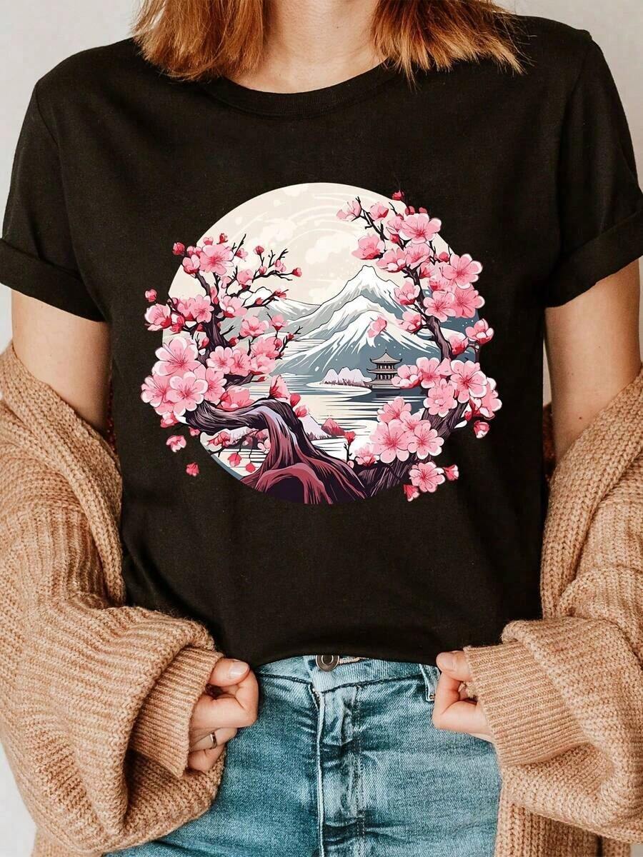 Camiseta con Estampado de Árbol de Cerezo, Manga Corta, Cuello Redondo, Estilo Casual para Verano y Primavera, Ropa de Mujerblusas para mujer>ropa - Negro - Ver 1
