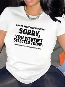 Camiseta Divertida con Frases para Mujer - Camiseta Gráfica con la Frase "Tengo Oído Selectivo" - Camiseta Ligera para Uso Diario en Casa, Oficina, Restaurante - Texto Blanco en Negro - Camiseta Casual para Mujer - Idea de Regalo Divertida, Ropa de Oficina, Cuello Redondo, Ajuste Cómodoblusas para mujer>ropa - Blanco - Ver 1