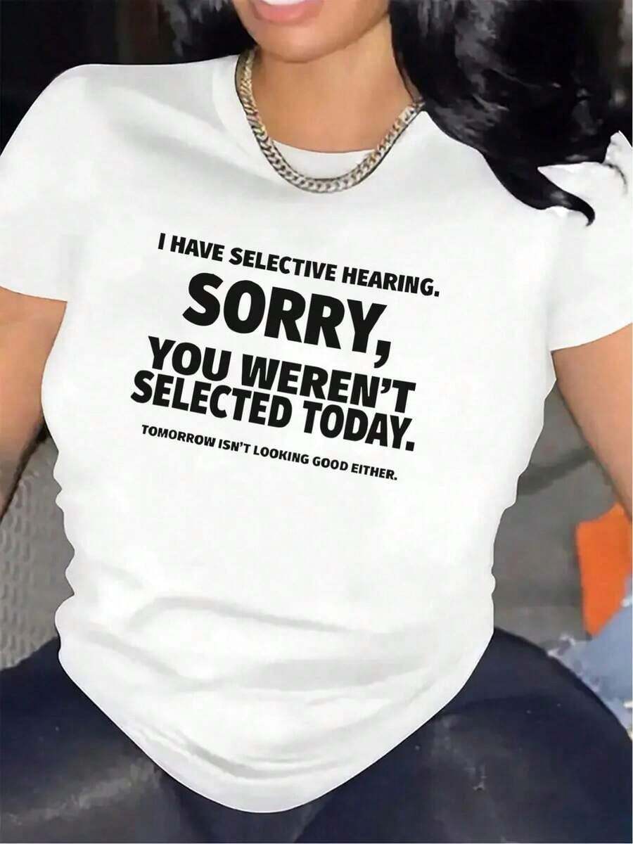Camiseta Divertida con Frases para Mujer - Camiseta Gráfica con la Frase "Tengo Oído Selectivo" - Camiseta Ligera para Uso Diario en Casa, Oficina, Restaurante - Texto Blanco en Negro - Camiseta Casual para Mujer - Idea de Regalo Divertida, Ropa de Oficina, Cuello Redondo, Ajuste Cómodoblusas para mujer>ropa - Blanco - Ver 1