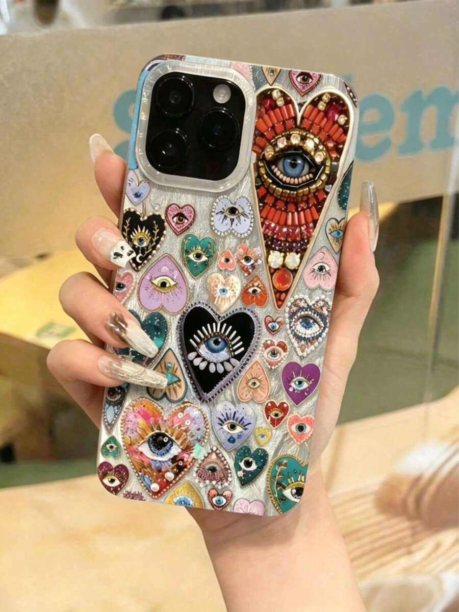 Heart 1pc 2D Feather & Rhinestone Eye Pattern TPU Shockproof Phone Case, Compatible With Apple17 16, 15, 14, 13, 12, 11 Pro Max Waterproof Anti-Fall Scratch Resistant - 款式2(1pc) - 查看 1