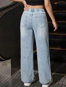 Teen Girl Clothes Front Button Pocket Minimalist Straight Leg Denim Pants, Casual Everyday - Light Wash - View 2