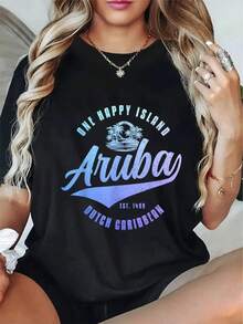 Soft, Breathable, And Lightweight For All-Day Comfort. Women's Aruba T-Shirt - Black With Turquoise Lettering And A Design Of The Dutch Caribbean Island - Lightweight, Breathable, And Slightly Stretchy Fabric, Flexible And Comfortable, Crew Neck, Short Sleeves - Casual Summer Beachwear, Aruba-Themed Vacation T-Shirt. Classic Crew Neck With A Relaxed Fit That Flatters All Body Types And Is Easy To Pair With Jeans, Shorts, And Leggings. - 黑色 - 查看 6