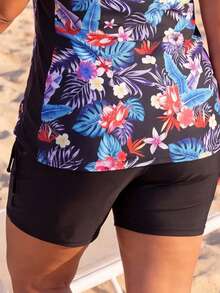 Women's Tropical Floral Print Tankini Swimwear Set, Plus Size V-Neck Swimwear With Shorts, Suitable For Beach Vacation Black - Black - View 5