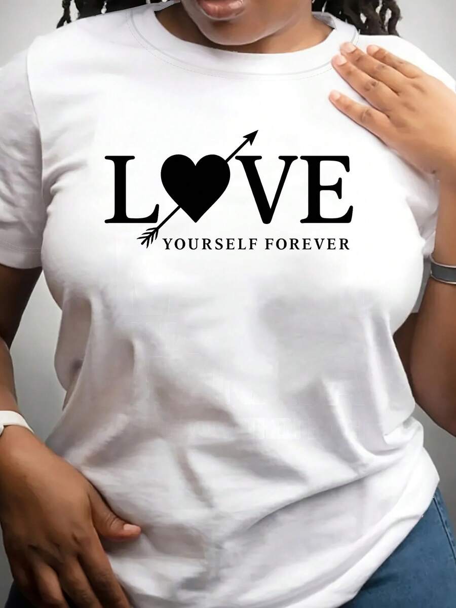 Women's Casual Top. T-Shirt With An Inspirational "Love Yourself" Print, Gray Color. A Must-Have For Everyday Casual Wear. - 白色 - 查看 1