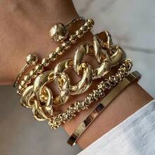 5pcs Vintage Coin Style Geometric Beaded Chain Bracelets Set, Minimalist Chunky Cuff Bangles, Elegant Retro Design, Suitable For Holiday, Party, Daily Wear, Autumn/Winter - Yellow Gold - View 2