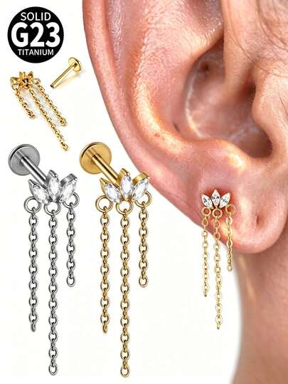 1PC G23 Titanium Marquise Zirconia Dangle Piercing Chain Dangle Internal Thread Front Helix Cartilage Tragus Labret Piercing Jewelry