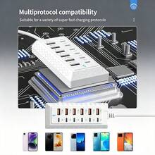 66W 12-Port USB Charging Station, 6 USB + 6 Type-C Fast Charging Adapter Hub For Smartphones, Tablets, Watches, Earphones - View 4