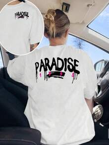 New 2026 Collection: Cotton T-Shirt With Front And Back Prints, Paradise 1989 Design, Casual Short-Sleeved Round Neck T-Shirt For Women, Comfortable Fit, Classic Design, Fashion Item, Double-Sided Print Short-Sleeved T-Shirt For Women. - 白色 - 查看 8