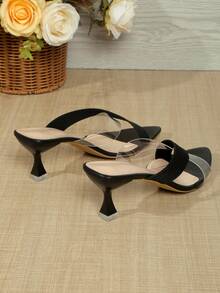 Women Heel Pointed Peep Open Toe Slip On Sexy Heeled Sandals Low Heel Mules For Party Wedding Summer - Black - View 6