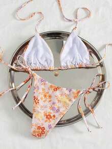 Conjunto de Bikini Halter Swim Mod de Tela con Estampado de Plantas Multicolor, Estilo Boho con Diseño de Cordones - Multicolor - Ver 6