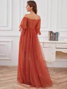 Women's Long Maternity Dress, Off-The-Shoulder With Tulle Scarf Sleeves, Pleated Waist, Flowing Maxi Skirt, Burnt Orange Color, Lightweight Chiffon Fabric, Elegant Bohemian Style Ideal For Pregnancy Parties And Photo Shoots. - 亮橙色 - 查看 2