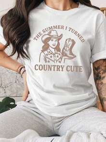 Women's Western Denim T-Shirt - The Summer I Turned Country Cute Graphic T-Shirt, Soft And Breathable Fabric, Short Sleeve Crop Top, Casual Crew Neck Shirt For Everyday Wear And Rodeo Events - 彩色 - 查看 1