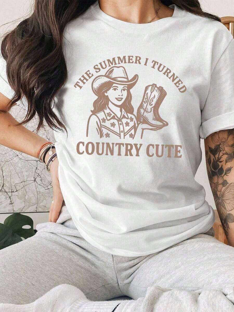 Women's Western Denim T-Shirt - The Summer I Turned Country Cute Graphic T-Shirt, Soft And Breathable Fabric, Short Sleeve Crop Top, Casual Crew Neck Shirt For Everyday Wear And Rodeo Events - 彩色 - 查看 1