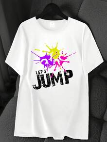 Short-Sleeved T-Shirt With A "Et's Jump" Dance Pattern Print, A Unique Style, A Must-Have For Trendsetters. Studio Wear, Team Wear, Pattern Print. New 2026 Crew Neck T-Shirt, Modern, Youthful, Fashionable, Casual, Sporty, Short-Sleeved, Summer, High-Elasticity, Women's Base T-Shirt With A Colorful Print. Elegant Party Outfit, T-Shirt For Elegant Ladies, Blouses Suitable For Curvy Women, Casual Wear, Cool And Sweat-Free Summer Wear, Fun Letter Print. - 白色 - 查看 6