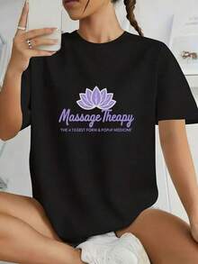 PremiumFashion Wo's Black T-Shirt With A Purple Lotus Pattern And The Words "Massage Therapy" |   Casual Round Neck, Short Sleeves, Very Suitable For Daily Wear And Selfies, , Regular Fit, Y2K Style, Suitable For Spring/Summer. New Summer Wo's T-Shirt, Casual And Comfortable Crew Neck TopGift Idea - 黑色 - 查看 7