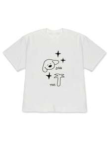 2026 Spring And Summer Style, Elegant Women's Party Clothes With Off-Shoulder Design, Cat, Flower Pot And Star Print T-Shirt, A-Line Style, Unisex Loose Fit Short Sleeve Casual Top - High Quality For Summer - 白色 - 查看 7
