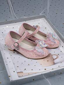 Girls' Sequin Mary Jane Shoes, Crystal Bow Decor, Soft Flat Princess Shoes Suitable For Party And Daily Wear - Pink - View 2