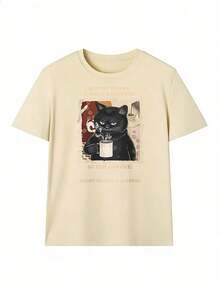 Black Cat T-Shirt With "Before Coffee / After Coffee" Text, Fashionable Short-Sleeve T-Shirt For Spring/Summer 2026, Made In Mexico, 180 Grams. Cartoon Print, Couple Design, Suitable For Indoor Or Outdoor Wear. Crew Neck, Unisex, Ideal For The Office And Leisure. One-Pack. - APR-P631577SLNDXZGY625 - 查看 2