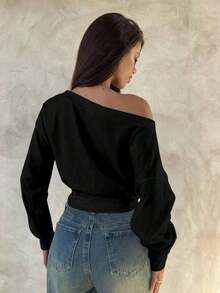 Blusa Asimétrica de Hombro de Manga Larga de 95% Algodón Tejido, Blusa Versátil Negra, Armario de Otoño; Simple, Elegante; Cómoda, Chic. - Negro 2 - Ver 2