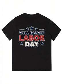 | Exquisite Design | Loose And Comfortable | Easy To Match | Women's Labor Day T-Shirt - Red, White, And Blue Star Print With "Well Earned" Text For Labor Day, Loose Fit Crew Neck Short Sleeve T-Shirt, Machine Washable, Casual For All Seasons, Suitable For Spring, Summer, And Autumn, Ideal For Independence Day And Everyday Wear, Loose And Comfortable Fit With Medium Stretch, Perfect For Labor Day Celebrations And Festive Occasions (Red/Blue/White Design) - Also Very Suitable For The Workplace, Women's T-Shirt, Women's Top, Women's Blouse. - 黑色 - 查看 2