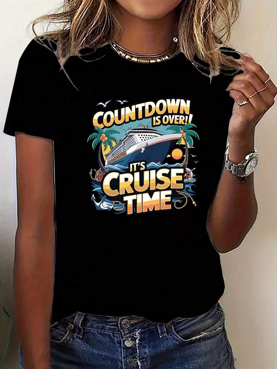 Women's 90s Retro Y2K Style T-Shirt, Soft And Comfortable, A Great Souvenir Gift For Cruise Trips, With A Countdown Print, Suitable For And Fashionable Outfits, Casual Everyday Wear, And Elegant Attire. Crew Neck, Short Sleeve T-Shirt, Ideal For Team Uniforms On Cruise Vacations, 180g T-Shirt With Heat Transfer Printing. - 黑色 - 查看 1