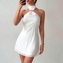 Elegante y delicado vestido camisero con decoración metálica y espalda descubierta, ropa de verano, ropa de playa, ropa de resort, ropa de resort bohemia y tropical, atuendo para conciertos, fiestas rave, festivales de música country, elegante atuendo para citas nocturnas, vestido de verano para mujer, vestido para té de la tarde, vestido blanco de graduación, atuendo de celebración para festivales de música, vestido con espalda descubierta - Amarillo - Ver 5