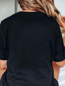 Women's T-Shirt With Bow And Hearts, Valentine's Day Design, Casual, Round Neck, Short Sleeve, Soft And Comfortable, 220g - 黑色 1 - 查看 4