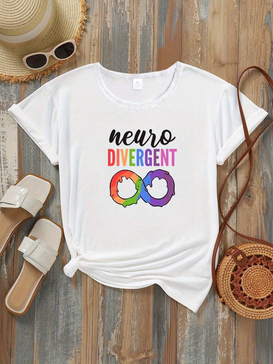Women's T-Shirt, 1 Piece, Y2K Style Neurodiversity T-Shirt For Women, Neurodiversity T-Shirt, Infinity Symbol T-Shirt, Neurodiversity Awareness T-Shirt, Neurodiversity T-Shirt, Short Sleeve T-Shirt With Neurodiversity Print, Birthday Gift. - 白色 - 查看 1