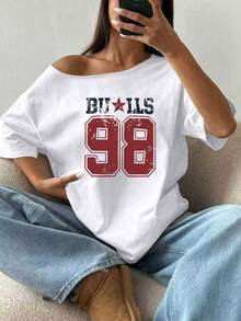 Áo thun nữ kiểu retro in hình "Bull 98" dáng rộng, hở vai. - trắng - Xem 1