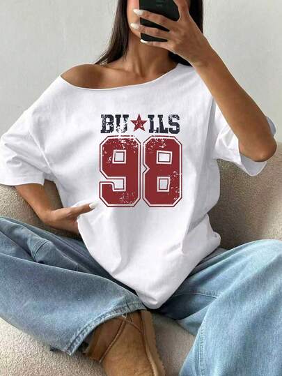 Women's Retro "Bull 98" Print Off-Shoulder Loose T-Shirt