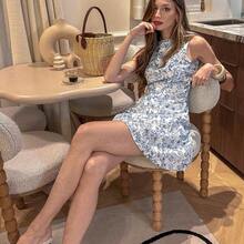 Vestido de verano de mujer francés elegante, de cuello redondo sin mangas, regular, estampado, nueva llegada - Celeste - Ver 6