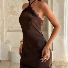 Vestido mini de satén de color café con parches de encaje, sexy y elegante, adecuado para salidas diarias, ir al trabajo y citas - Cafetería - Ver 4