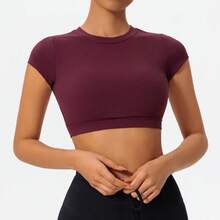 Hearuisavy Breathable Summer Sports T-Shirts, Workout Tops, Activewear, Backless Yoga Clothes, Women's Sports Crop Tops, Gym Top - 酒紅色胸墊 - 查看 12