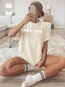 Women's Casual Spring/Summer T-Shirt Of The Mexican National Soccer Team, With Round Neck And Short Sleeves, White "PARIS" Letter Print, Suitable For All Seasons, Loose And Comfortable Fit, Plus Size Summer Top. - 杏色 - 查看 1