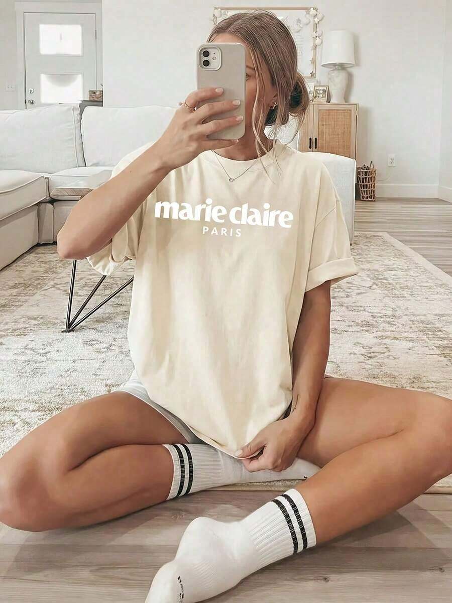 Women's Casual Spring/Summer T-Shirt Of The Mexican National Soccer Team, With Round Neck And Short Sleeves, White "PARIS" Letter Print, Suitable For All Seasons, Loose And Comfortable Fit, Plus Size Summer Top. - 杏色 - 查看 1
