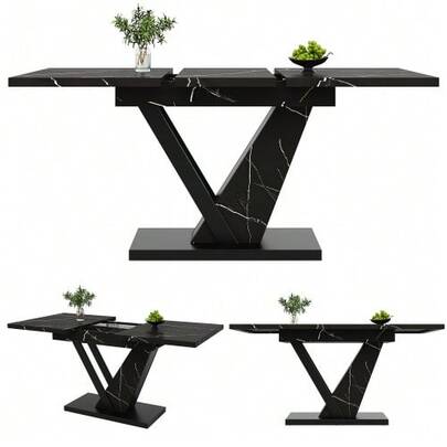 Telescopic Dining Table (120-160*75cm), Extendable Table, Kitchen Table, Extendable To 120-160cm Using Internal Extension Leaves, For Kitchen And Living Room, Dining Table With Black Marble Pattern