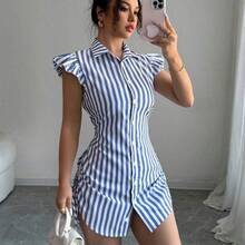 Vestido camisa elegante de vacaciones con mangas acampanadas, cintura fruncida y rayas azules - Amarillo - Ver 6