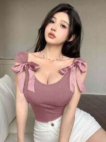 Camiseta de mujer de manga corta ajustada con lazo de espalda descubierta y cordones, de verano - Rosa coral - Ver 4