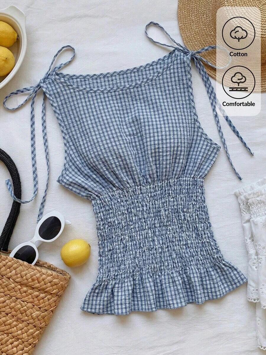Top sin mangas de moda casual de tela escocesa con cordones para mujer, verano - Azul marino - Ver 1
