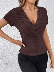 Camiseta de cuello cruzado tejido de canalé - Café integral - Ver 6