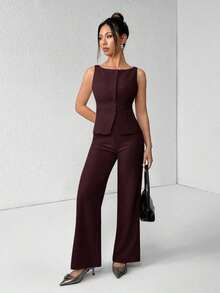 PETITE Conjunto de chaleco y pantalones de un solo pecho de unicolor con cuello redondo, elegante traje de oficina para mujer, ropa de mujer de verano y otoño, conjunto de oficina, ropa casual de negocios, conjunto de dos piezas, ropa de oficina de otoño para mujer, conjunto de blazers para mujer - Granada - Ver 6