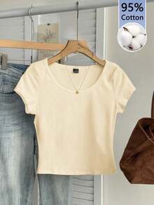 Camiseta ajustada de mujer con cuello de pico, manga raglán y patrón minimalista, 95% algodón, color caqui - Albaricoque - Ver 10