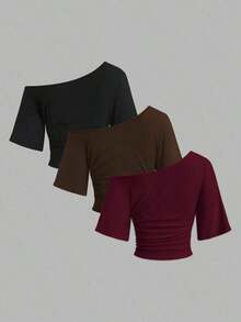 Nuevo conjunto de 3 piezas ajustado con hombros descubiertos, estilo sexy europeo y americano.Camiseta de unicolor versátil y casual para mujer, adecuada para primavera/verano, uso diario, ir al trabajo, citas - Multicolor - Ver 2