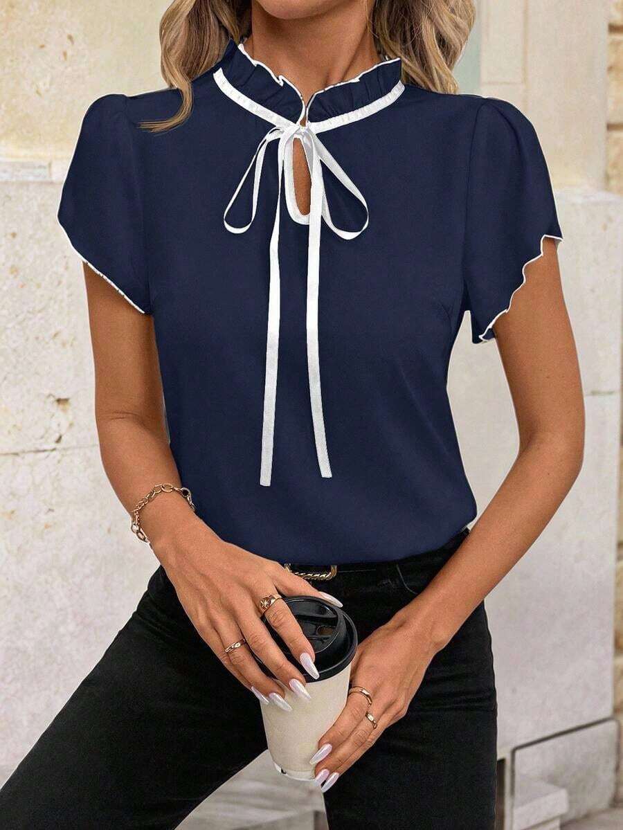 Camisa de mujer de manga corta, con lazo, volantes, a cuadros, elegante y casual para vacaciones y picnic, primavera/verano - Azul marino - Ver 1
