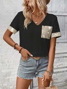 LUNE Camiseta de mujer casual de manga corta con cuello en V, parches y lentejuelas - Negro - Ver 3