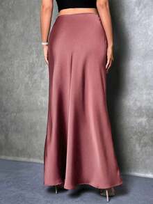 Falda de estilo de cola de sirena de unicolor para mujer, falda de satén, falda larga elegante, adecuada para fiestas y uso diario - Color caoba - Ver 2