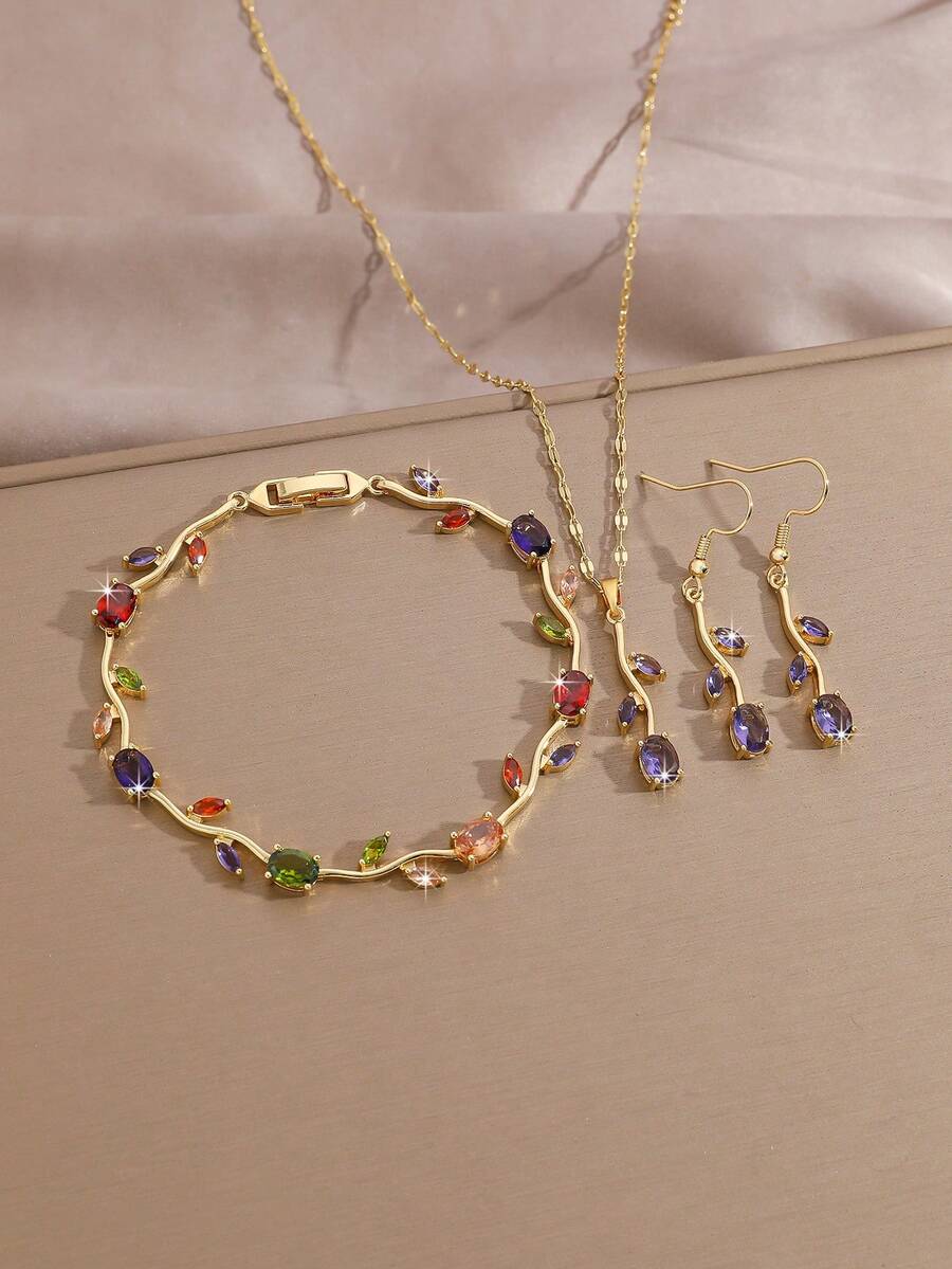3pcs/4pcs Luxury Zirconia Tulip Earrings, Bracelet, Ring Jewelry Set, Purple Lucky Energy Elegant Luxury Accessories Suitable For Daily Commute And Bridal Party, Ideal Jewelry Choice For New Ladies - Gold - View 1
