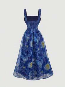 MOD Vestido de mujer estampado con la pintura del Cielo Estrellado de Van Gogh en azul, vestido de tirantes retro para ocasiones como Navidad, vacaciones u otras fiestas, con lazo - Azul - Ver 2